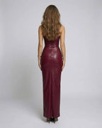 Valencia Maxi Dress - Burgundy strapless design with sculpted silhouette by Lauven, showcasing a sleek, high-gloss finish.