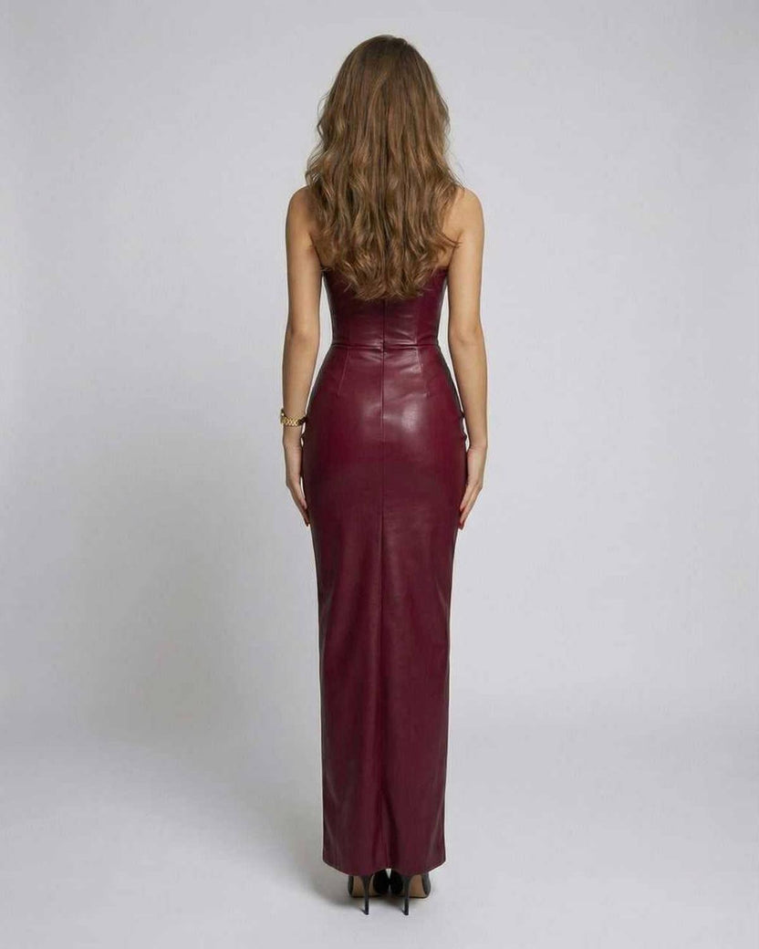 Valencia Maxi Dress - Burgundy strapless design with sculpted silhouette by Lauven, showcasing a sleek, high-gloss finish.