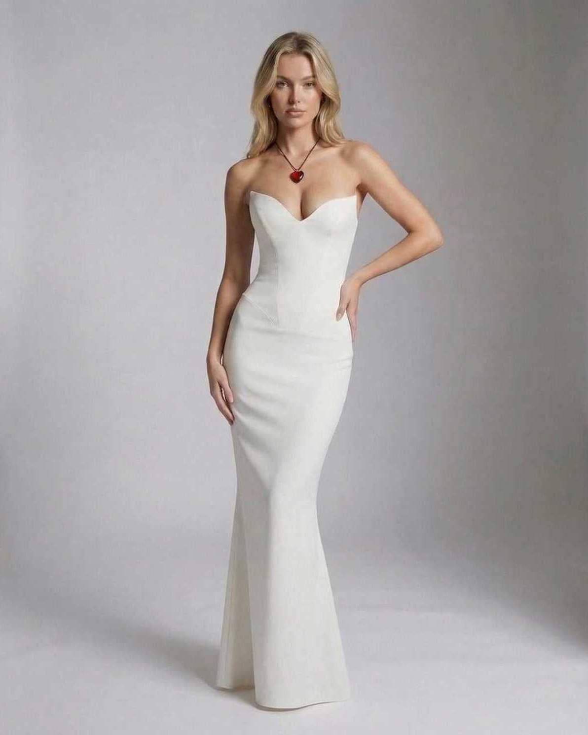 Valencia Maxi Dress by Lauven - Elegant strapless white mermaid silhouette dress, showcasing a sleek fit and captivating profile.