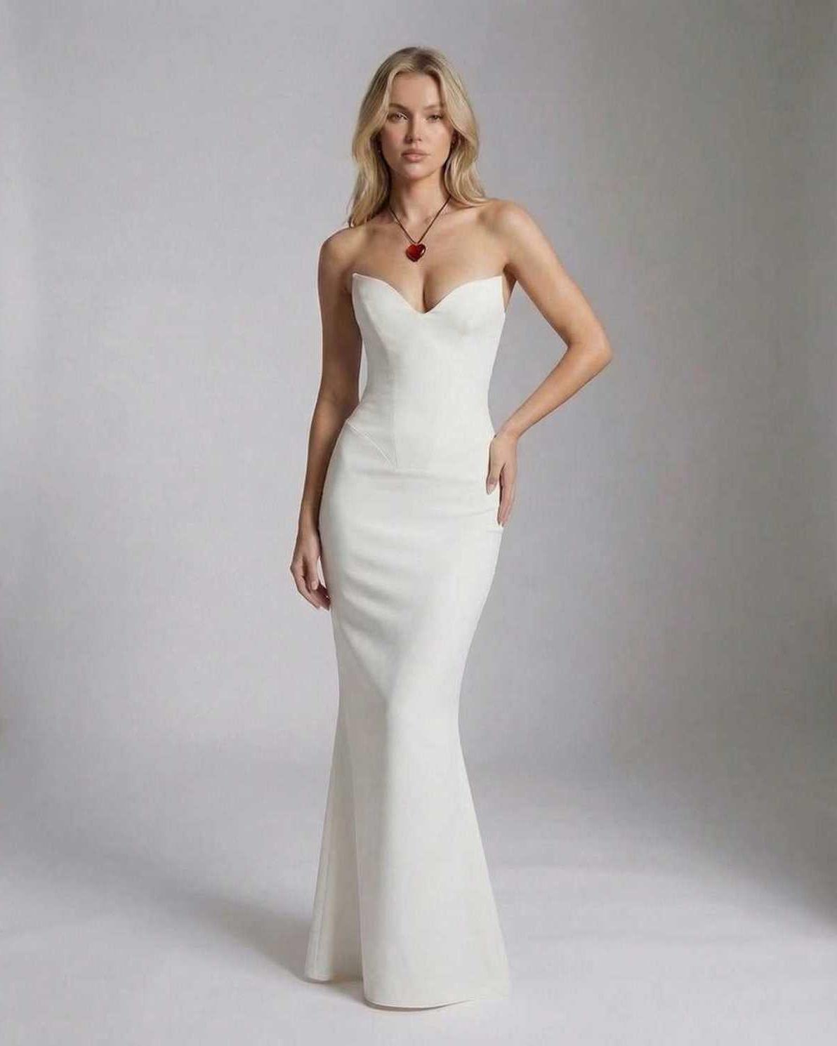 Valencia Maxi Dress by Lauven - Elegant strapless white mermaid silhouette dress showcasing a sleek fit.