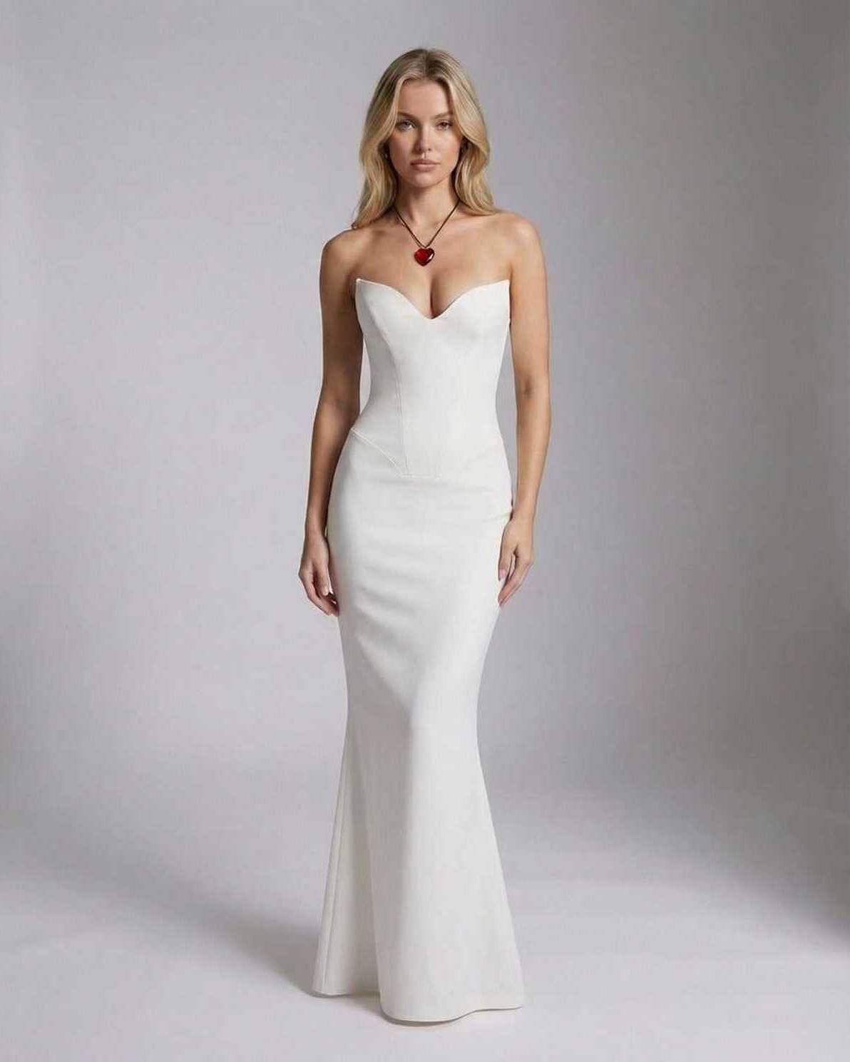 Valencia Maxi Dress by Lauven – Elegant strapless white mermaid silhouette dress with a sleek fit.