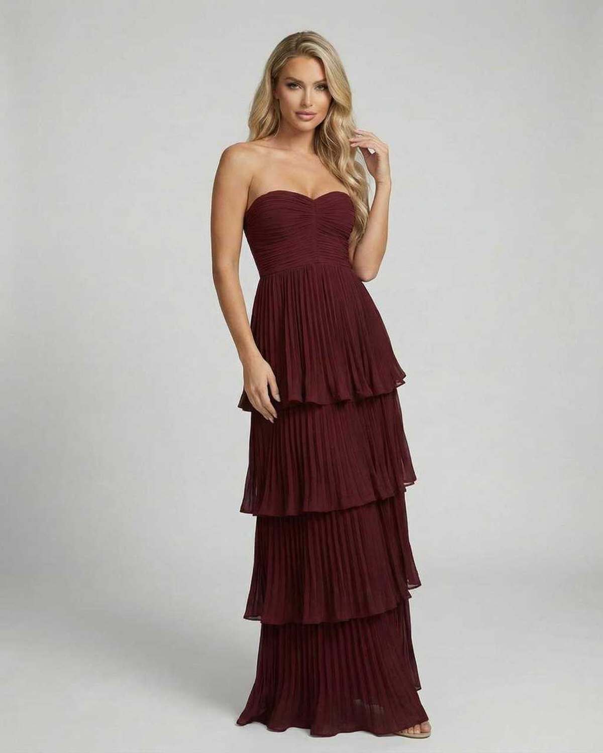 Valencia Maxi Dress by Lauven - Burgundy Strapless Pleated Chiffon Maxi Dress for Elegant Evening Style.