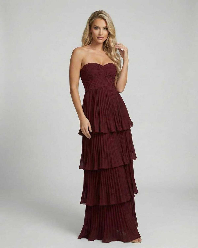 Valencia Maxi Dress by Lauven - Burgundy Strapless Pleated Chiffon Maxi Dress for Elegant Evening Style.