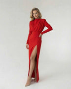 Valencia Maxi Dress by Lauven in vibrant red with bold side slit, showcasing a sleek fit and modern elegance.