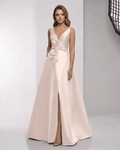Valencia Maxi Dress - elegant pink satin A-line with wrap slit, bow waist, by Lauven for a polished formal look.