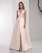 Valencia Maxi Dress - elegant pink satin A-line with wrap slit, bow waist, by Lauven for a polished formal look.
