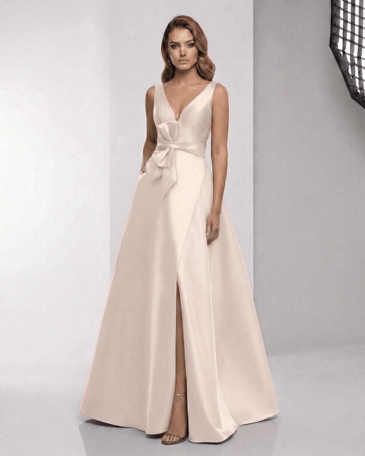 Valencia Maxi Dress - elegant pink satin A-line with wrap slit, bow waist, by Lauven for a polished formal look.