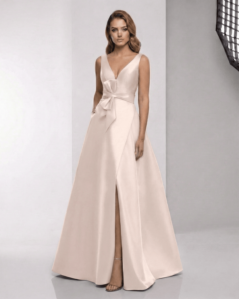 Valencia Maxi Dress - elegant pink satin A-line with wrap slit, bow waist, by Lauven for a polished formal look.