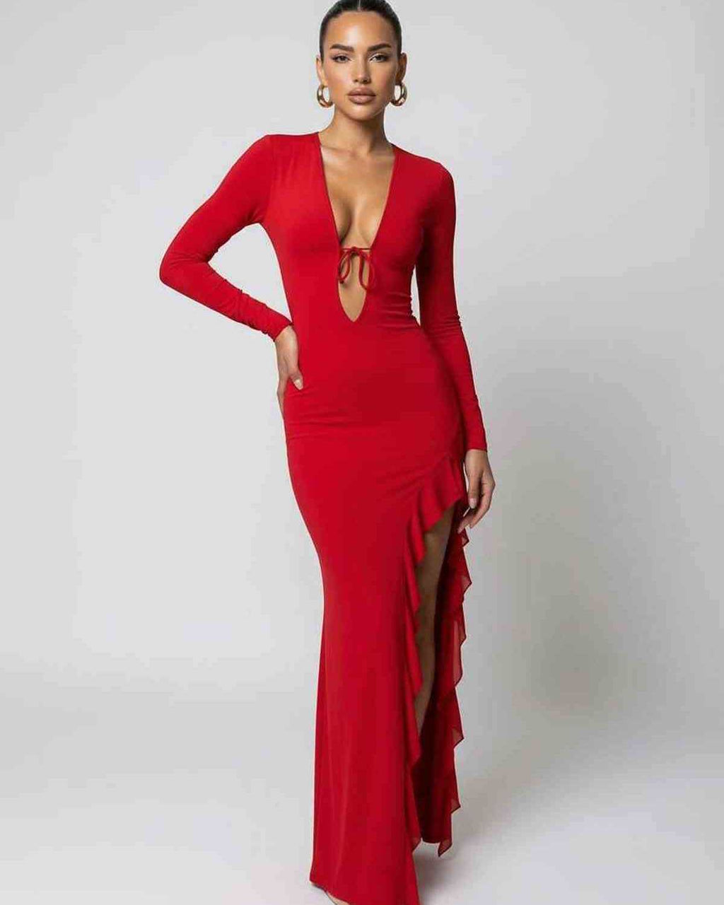 Valencia Maxi Dress — Red Maxi Dress featuring deep V-neck, ruffle slit detail, and long sleeves by Lauven.