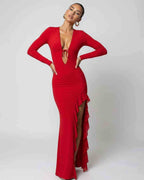 Valencia Maxi Dress - Red deep V-neck maxi dress with ruffle slit, designed for elegance by Lauven.
