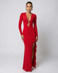 Valencia Maxi Dress featuring deep V-neck, ruffle slit detail, and long sleeves by Lauven in vibrant red.