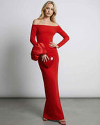 Valencia Maxi Dress in red with off the shoulder neckline and sculpted silhouette, by Lauven.