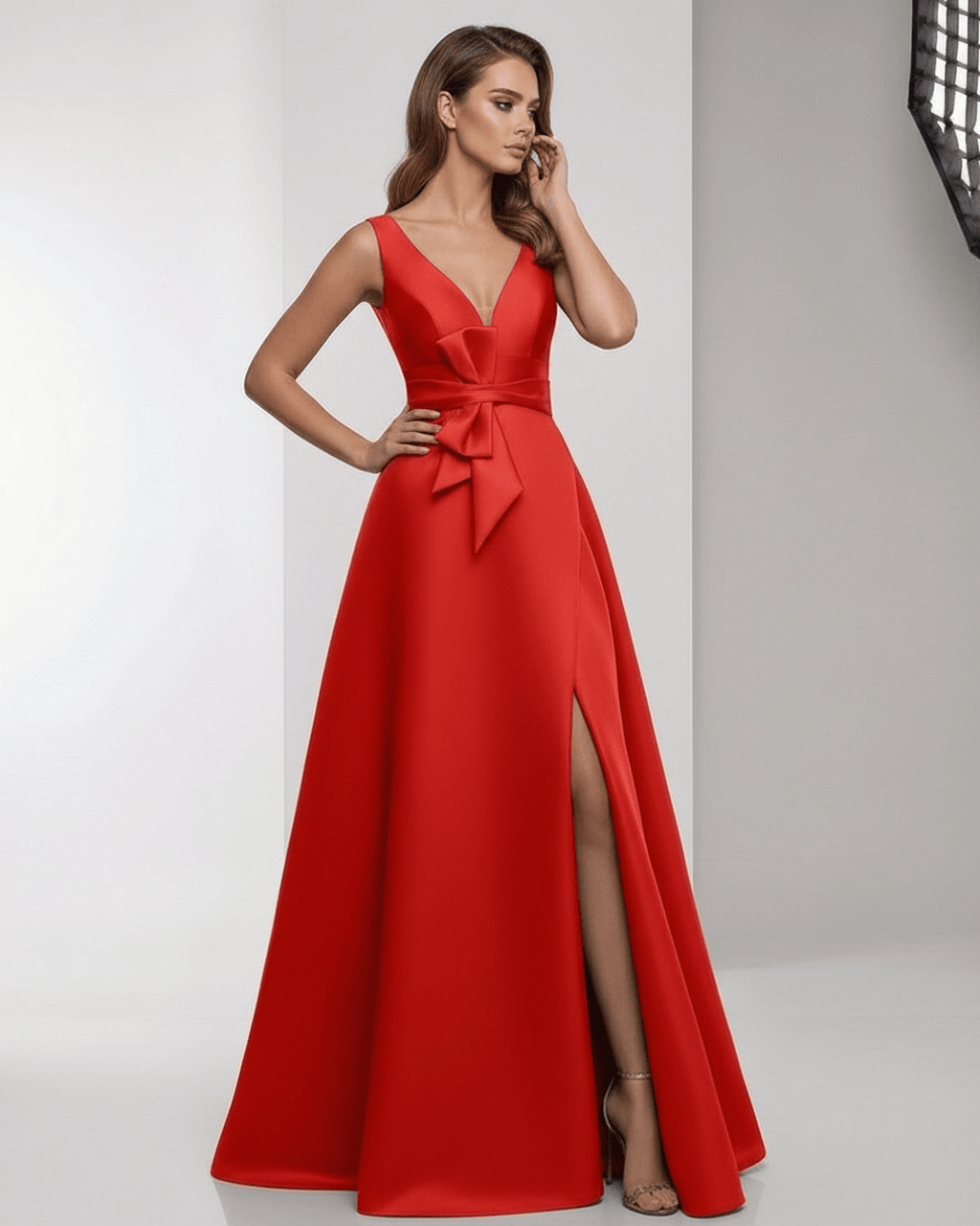Valencia Maxi Dress by Lauven, red satin A-line dress with wrap slit, bow waist, and elegant V-neckline.