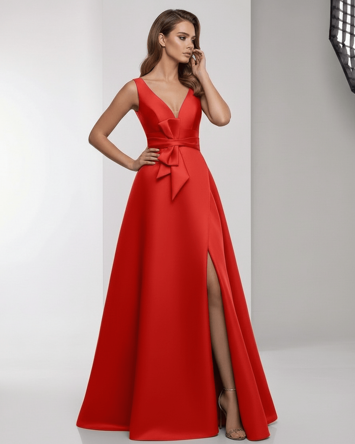 Valencia Maxi Dress by Lauven, red satin A-line dress with wrap slit, bow waist, and elegant V-neckline.