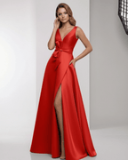 Valencia Maxi Dress featuring red satin fabric, A-line silhouette, wrap slit, and bow waist from Lauven.