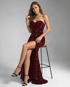 Valencia Maxi Dress by Lauven, red sequin strapless gown with high slit, showcasing a stunning bodycon silhouette.