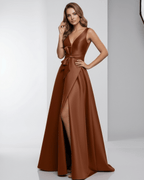 Valencia Maxi Dress by Lauven in rust satin, featuring A-line silhouette, V-neckline, and elegant floor-length design.