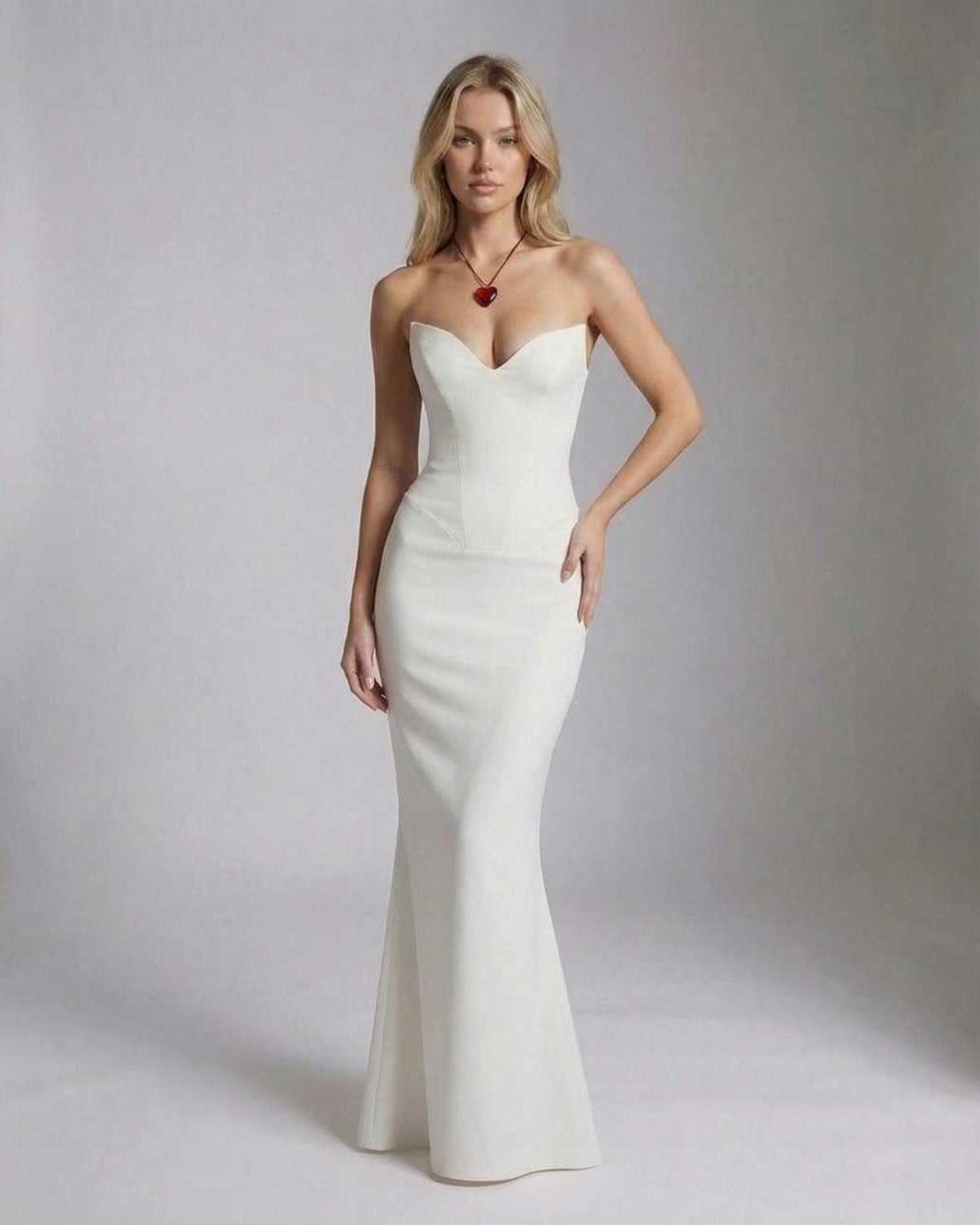 Valencia Maxi Dress by Lauven - Elegant strapless white mermaid silhouette dress showcasing stunning fit.