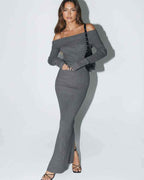 Valencia Maxi Dress by Lauven - Women's grey off shoulder maxi dress with long sleeves and ribbed knit design.
