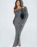 Valencia Maxi Dress by Lauven – Women’s grey off shoulder ribbed knit dress for elegant style.