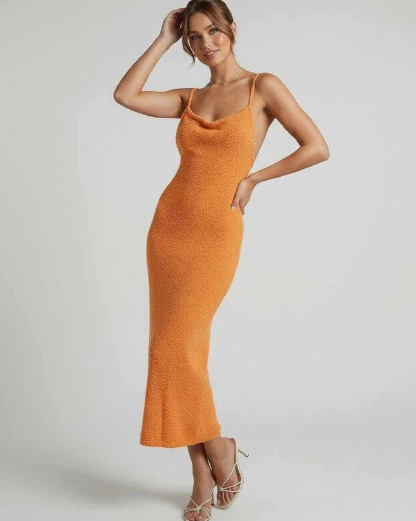 Valencia Midi Dress by Lauven, orange spaghetti strap midi dress with elegant slim silhouette.