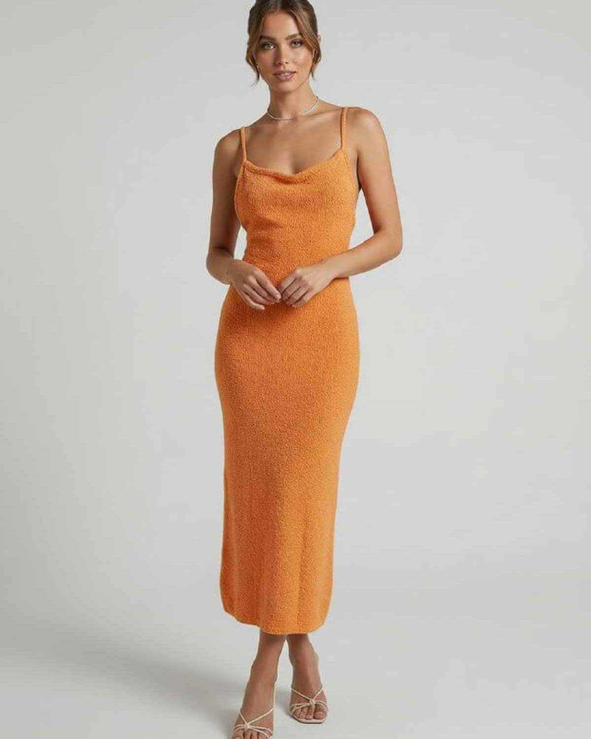 Valencia Midi Dress by Lauven - Orange spaghetti strap midi dress with elegant slim silhouette.