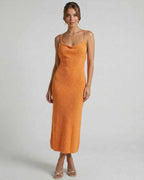 Valencia Midi Dress by Lauven – Orange Spaghetti Strap Midi Dress with Elegant Slim Silhouette