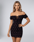 Valencia Mini Dress - Black Floral Off Shoulder Mini Dress by Lauven, perfect for stylish evening occasions.