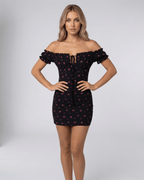 Valencia Mini Dress - Black Floral Off Shoulder Mini Dress by Lauven, perfect for stylish evening occasions.