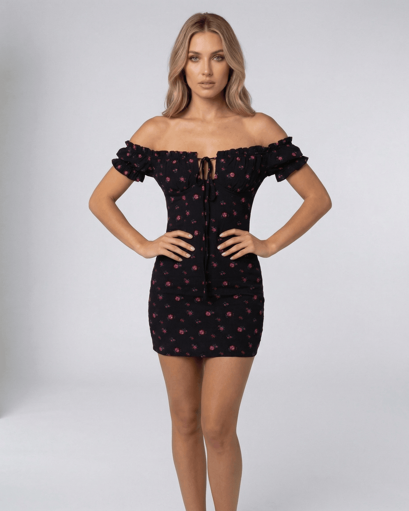 Valencia Mini Dress - Black Floral Off Shoulder Mini Dress by Lauven, perfect for stylish evening occasions.