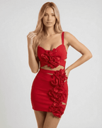 Valencia Mini Dress by Lauven in red featuring 3D floral details and a modern cutout design.