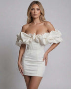 Valencia Mini Dress - White Satin Off Shoulder Dress with Ruffles and Structured Fit by Lauven