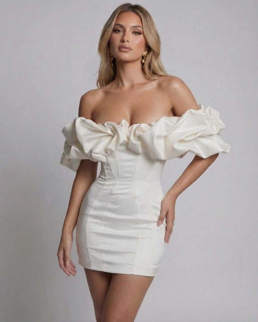 Valencia Mini Dress - White Satin Ruffle Off Shoulder Dress by Lauven, featuring a structured fit and elegant neckline.