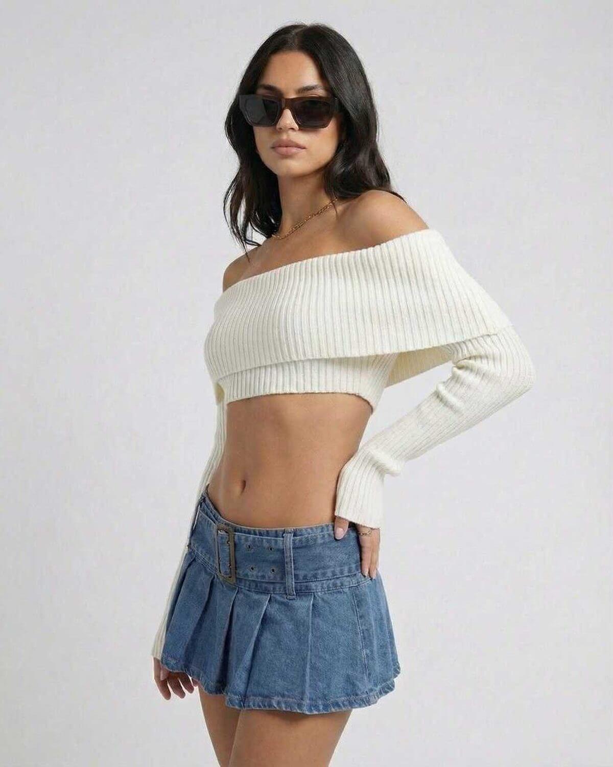 Valencia Top by Lauven – Women’s Off Shoulder Long Sleeve Crop Top styled with denim skirt.