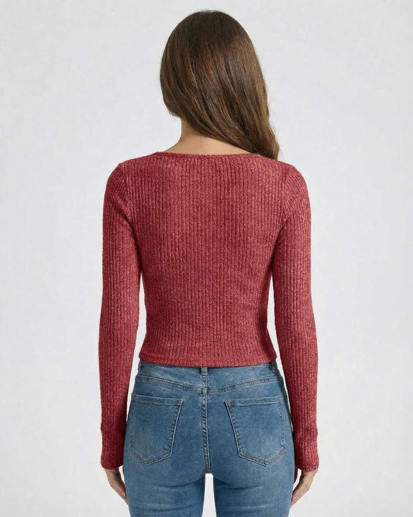Back view of the Valencia Pullover by Lauven, showcasing a women's red ribbed U-neck long sleeve pullover sweater.