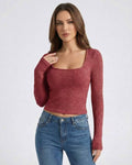 Valencia Pullover by Lauven – Women’s Red Ribbed U-Neck Long Sleeve Sweater for a chic look.
