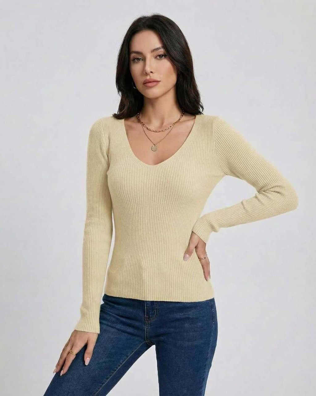 Valencia Pullover by Lauven – Women’s V-Neck Slim Fit Sweater in Ribbed Knit Texture, Long Sleeve Style.