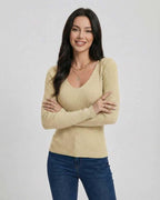 Valencia Pullover by Lauven - Women’s V-Neck Slim Fit Sweater in a stylish beige color.