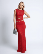 Valencia Set in red lace: women’s two-piece set with crop top and high-waisted maxi skirt by Lauven for elegant occasions.
