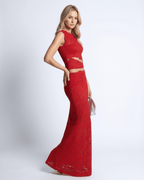Valencia Set – Women’s red lace two-piece set with sleeveless top and high-waisted maxi skirt for elegant occasions by Lauven.