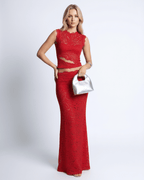 Valencia Set: Women's red lace two-piece set for elegant evenings by Lauven, featuring a sleeveless crop top and high-waisted skirt.