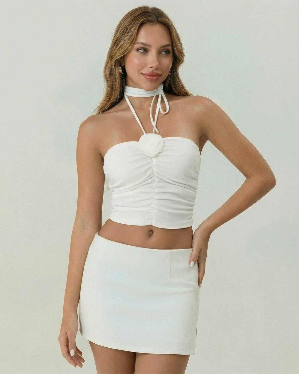 Valencia Top by Lauven – White strapless tank top with floral applique and choker tie, perfect for summer.