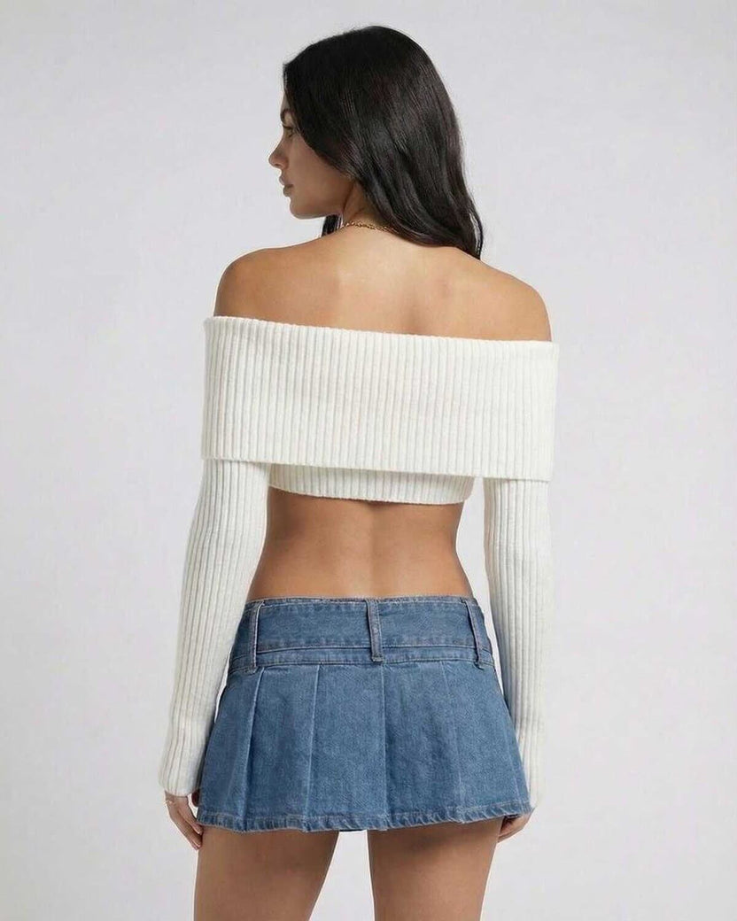 Valencia Top by Lauven, off shoulder long sleeve crop top, perfect for autumn winter fashion.