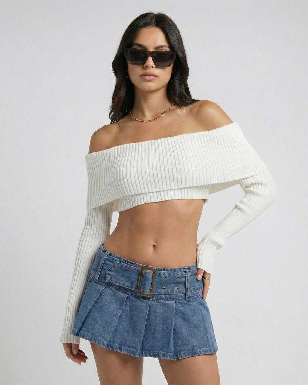 Valencia Top by Lauven – Women’s Off Shoulder Long Sleeve Crop Top styled with a denim skirt for autumn winter.