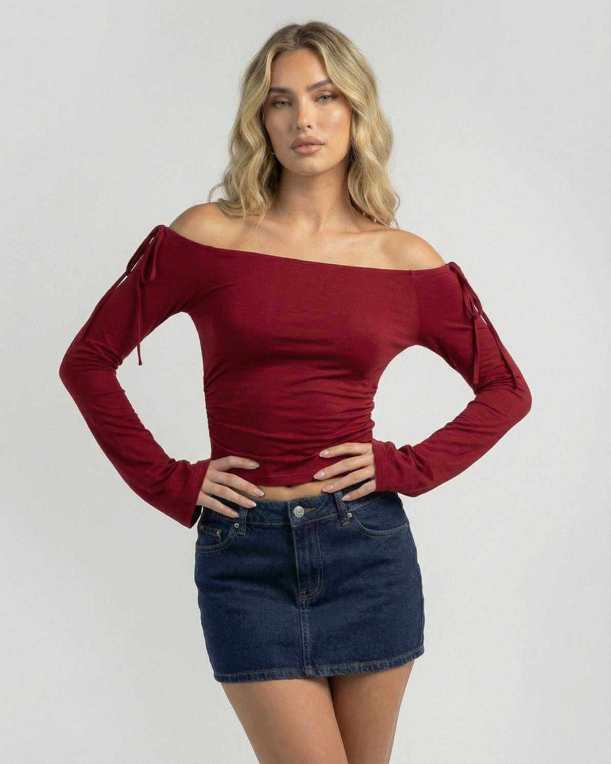 Valencia Top by Lauven - Women's off-the-shoulder long sleeve slim fit in deep burgundy.