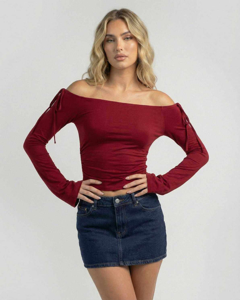 Valencia Top by Lauven - Women's off-the-shoulder long sleeve slim fit in deep burgundy.