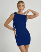 Valentina Mini Dress by Lauven in sleek navy blue with elegant A-line silhouette and ruffle detailing.