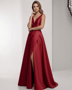 Valeria Maxi Dress - Satin A-Line Red Maxi Dress with V-Neck and Bow Detail by Lauven, perfect for formal occasions.
