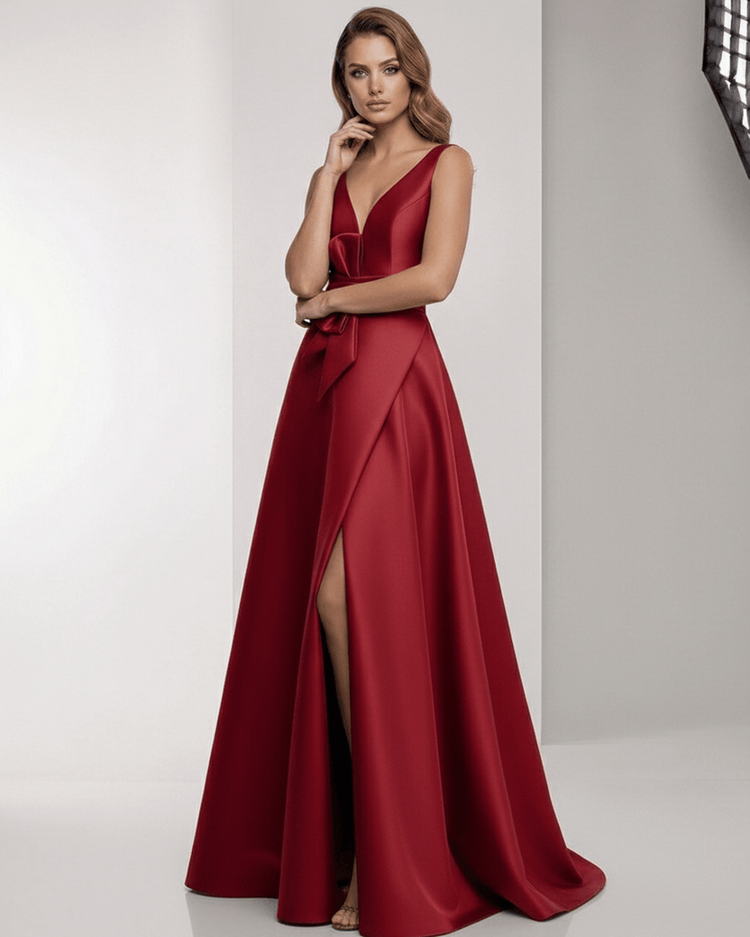 Valeria Maxi Dress - Satin A-Line Red Maxi Dress with V-Neck and Bow Detail by Lauven, perfect for formal occasions.