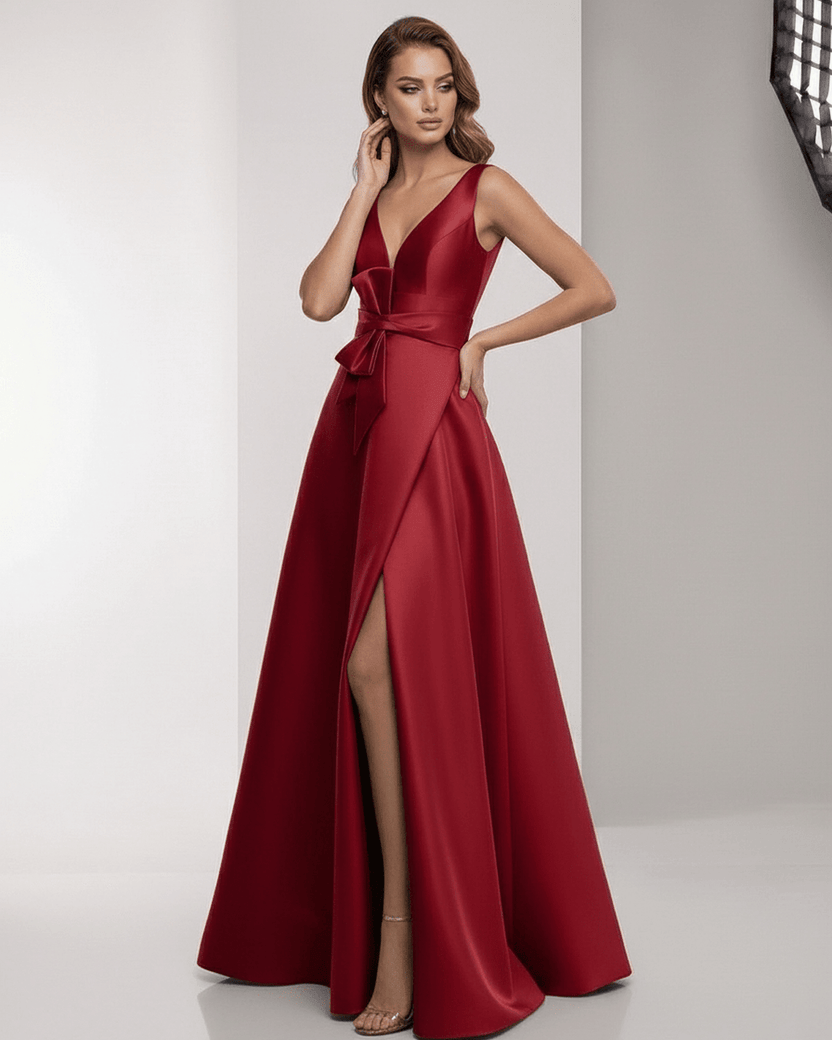 Valeria Maxi Dress - Satin A-Line red dress with V-Neck, bow detail, perfect for formal occasions by Lauven.
